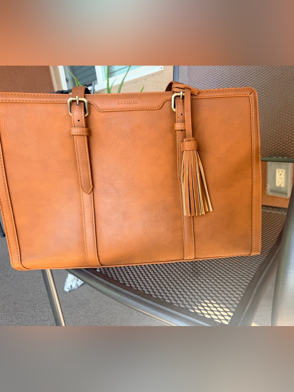 ECOSUSI Brown Vegan Leather Laptop Tote Work Bag 15.6” Tassel Purse - Picture 7 of 8
